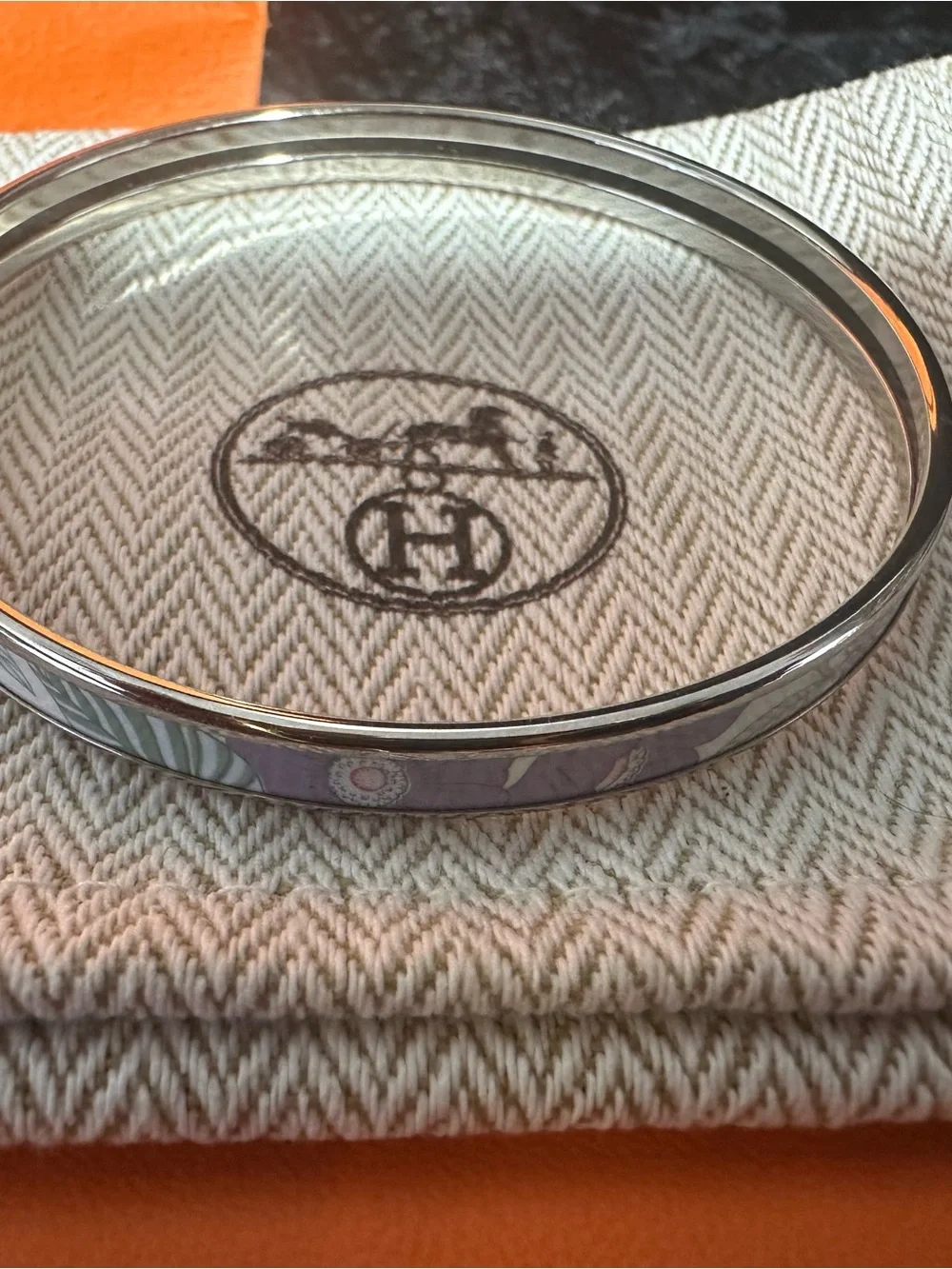 Hermes enamel bangle in lilac with silver trim